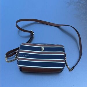 Tommy Hilfiger Navy and Brown Striped Bag